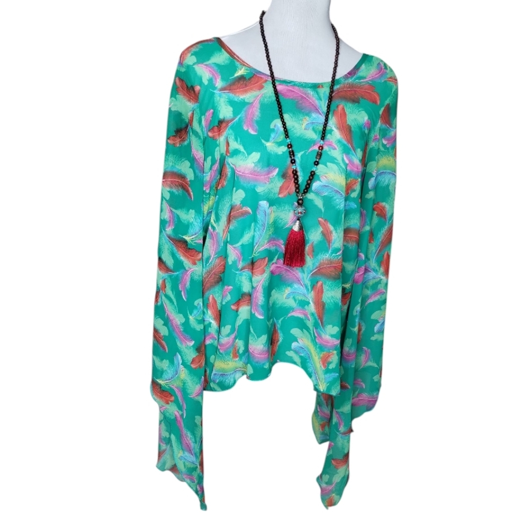 Karlie Multicolor Feather Pattern Bell Sleeve Sheer Top Size S